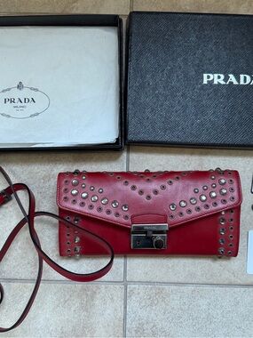 PRADA Rosso Red Flap Shoulder Bag Studs PORTAFOGLIO TRACOLLA VITELLO VINTAGE
